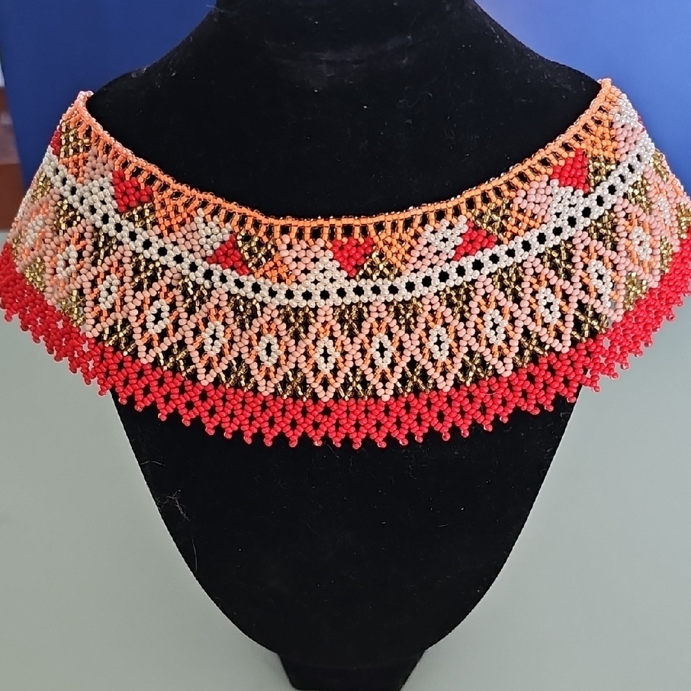 Handcrafted Beaded Necklace - Red and Orange